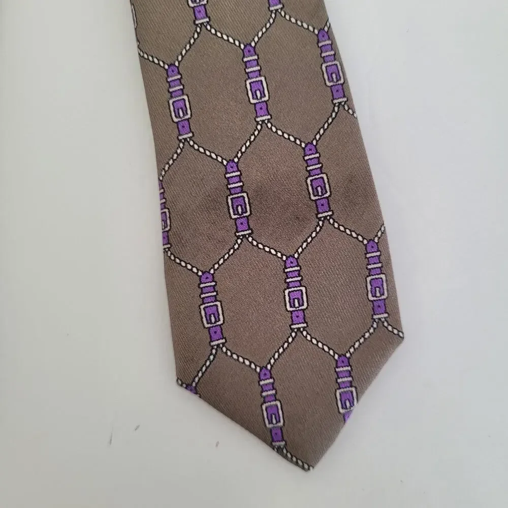 Celine Men's Neck Tie Made In Spain Designer Silk Gray Purple Geometric‎ Belts